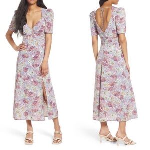 Floret Studios Floral Print Empire Waist Maxi Dress Puff Sleeve Size Large Blue